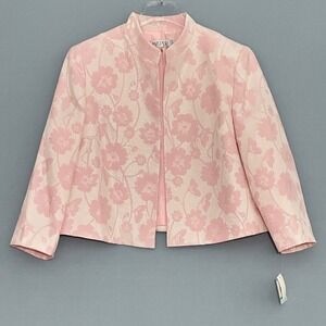 Kasper Womens Jacket 16 Pink Floral Metallic Jacquard Open Feminine Mother Luxe